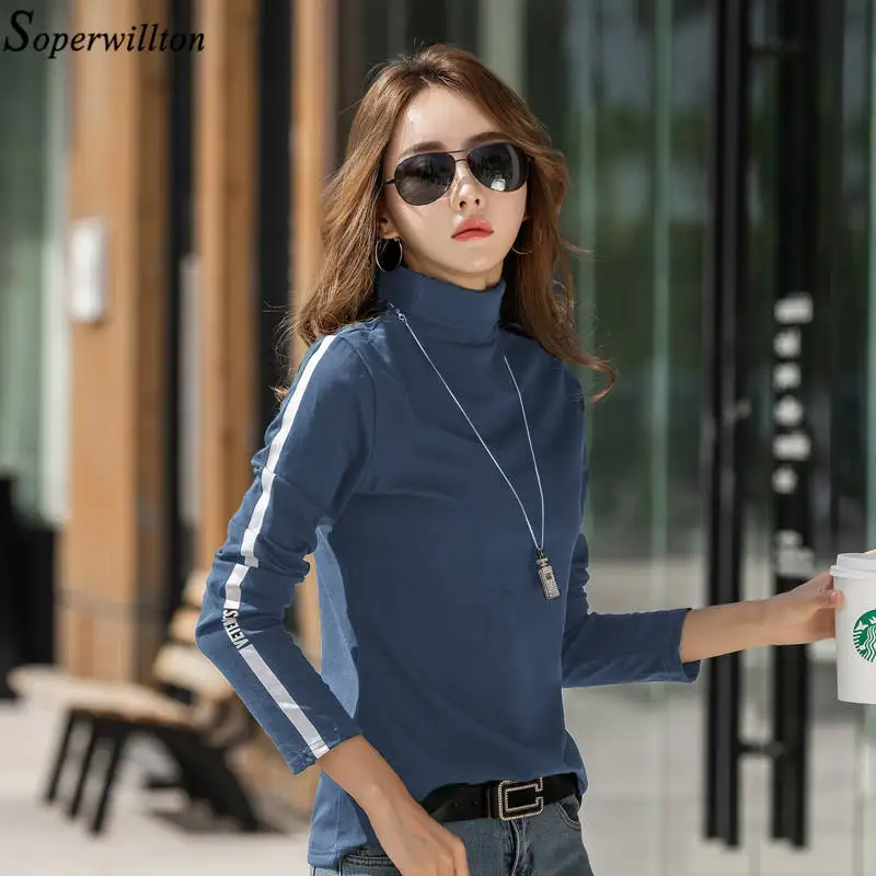 Хлопковая футболка женская с длинным рукавом 2019 Осень Зима Водолазка Топы