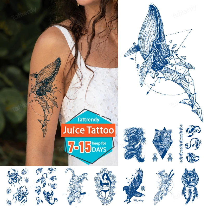 

2 Weeks Lasting Juice Temporary Waterproof Transfer Tattoo Stickers Butterfly Whale Leaf Moon Flash Fake Tattoos Men Women Kids