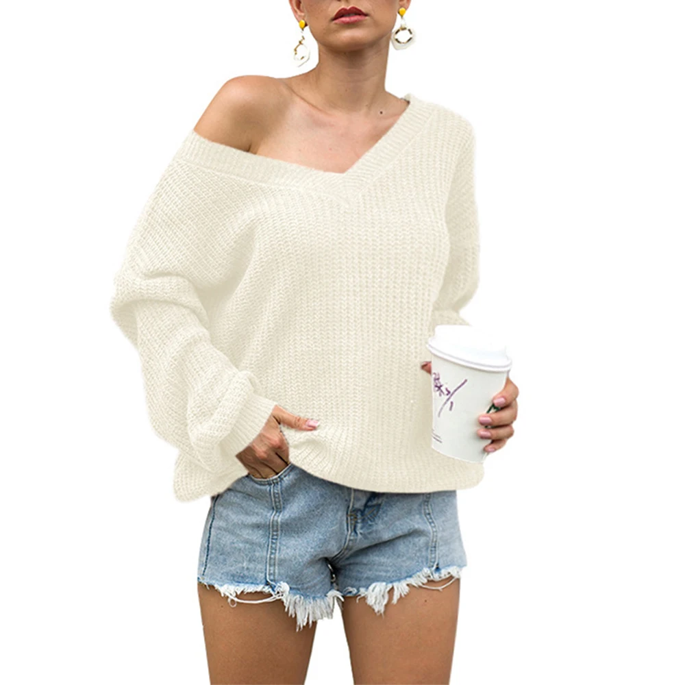 

Sexy V Neck Women Sweaters Oversized Loose Back Cross Knitted Sweater Solid Lace-Up Bandage Pullover Sweater Fall Winter Clothes