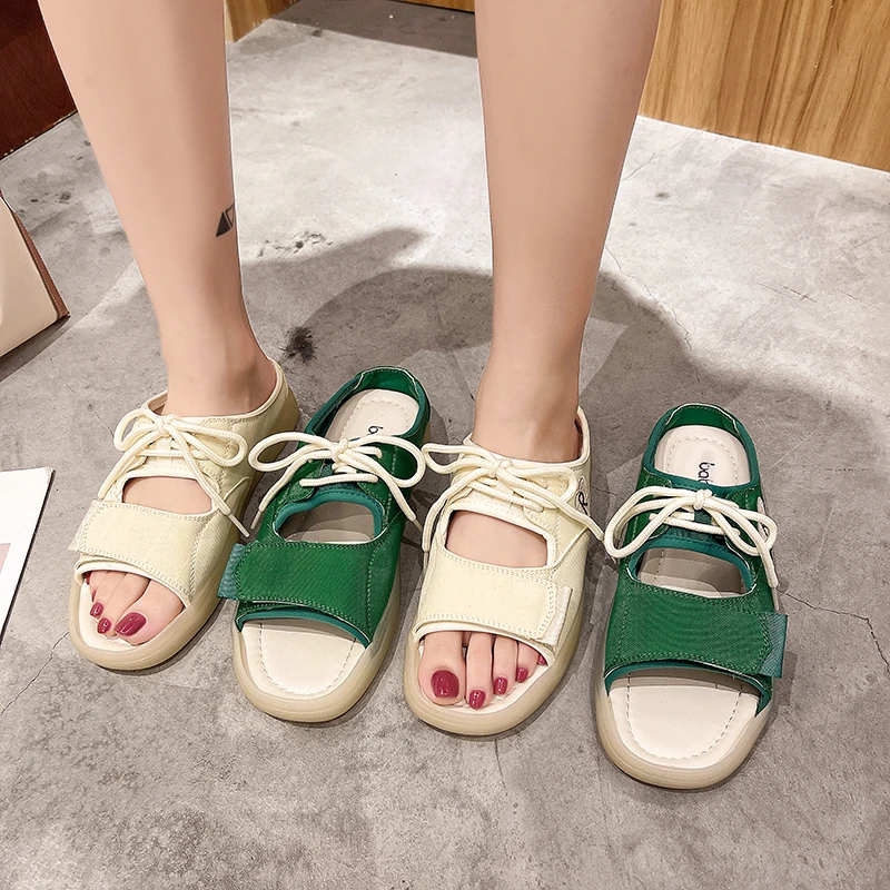 

Fashion slippers women's outer wear casual laces lazy open toes 2021 new summer all-match thick-soled sandals ins tide