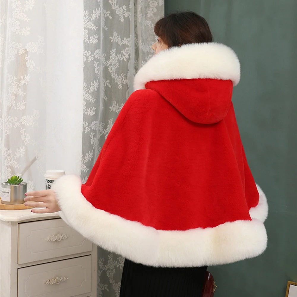 Women Hooded Capes Cloak Winter Thick Warm Hoodie Fur Shawl White Red Black Wedding Dress Bride Fur Cape Ponchos Thicken
