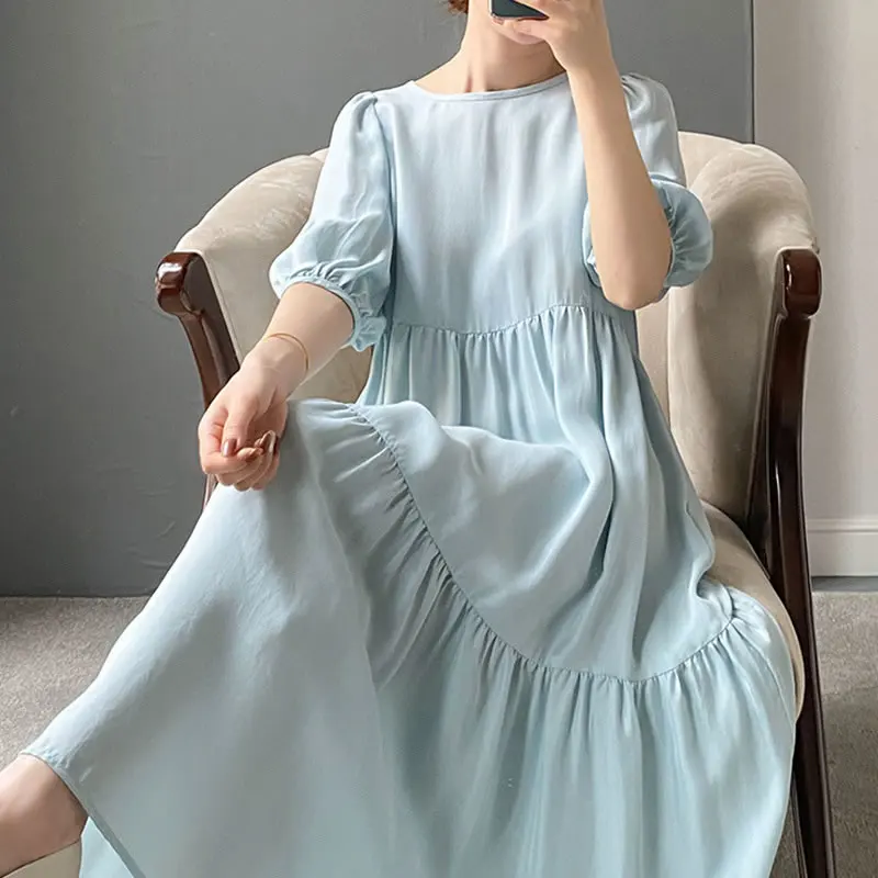 

XITAO Pleated Solid Puff Sleeve Dress Women 2021 Summer New Arrival Personality Fashion Loose O-neck Short Sleeve Dress WMD1692