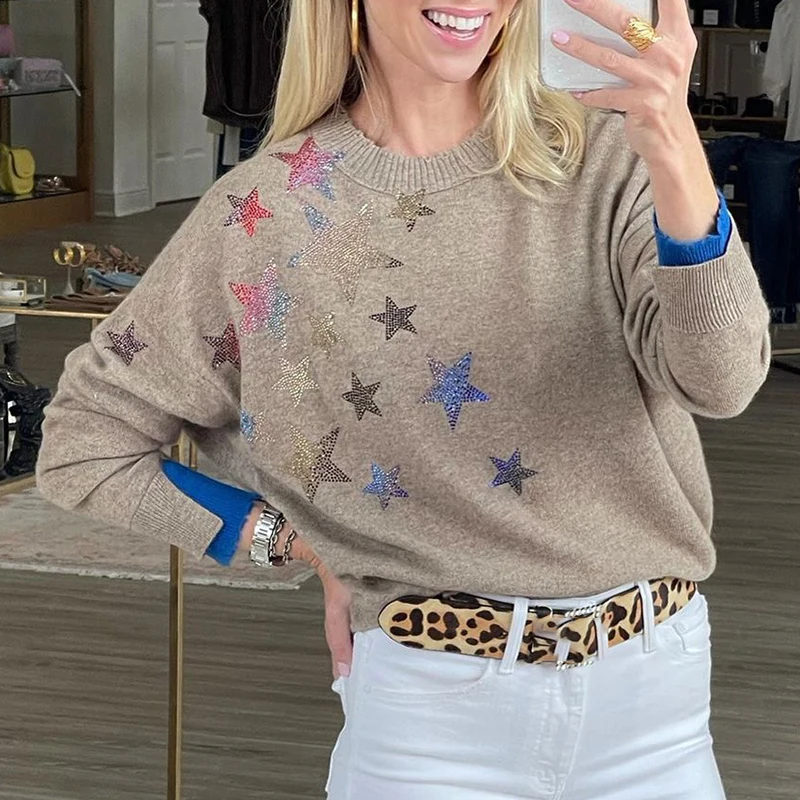 

Diamond Colored Stars Woman Cashmere Sweater Autumn Winter O-Neck Long Sleeve Ladies Pullover Casual Vintage Female Tops