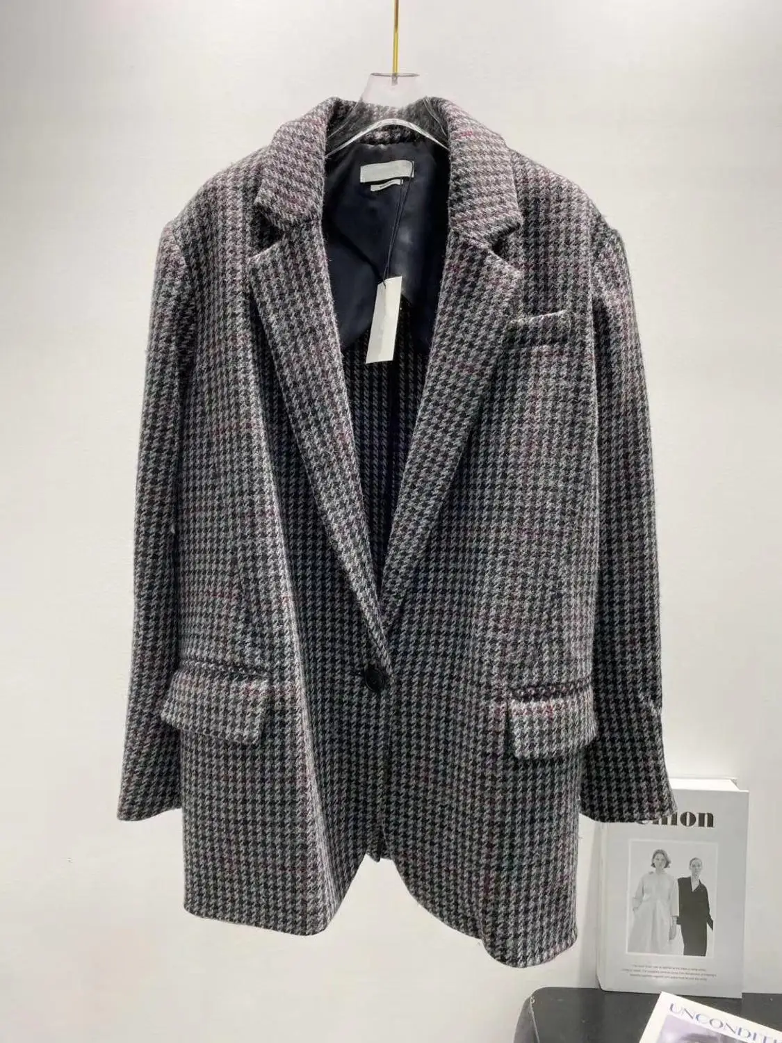 

Plaid retro casual blazer 100% wool long sleeve lady coat