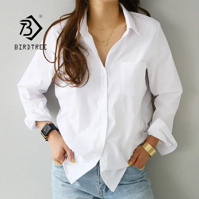 New Women Slouchy Pockets White Shirt Turn-down Collar Long Sleeve Button Up Blouse Office Lady Top Feminina Blusas T9D601T