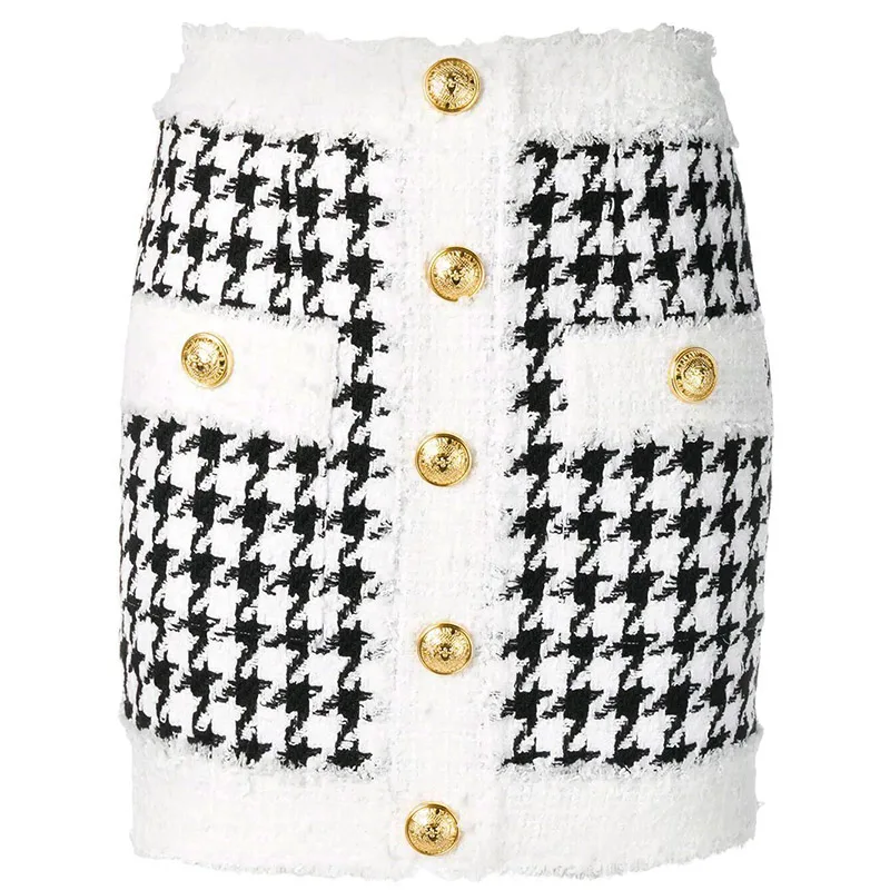 

Newest HIGH QUALITY 2021 Fall Winter Baroque Designer Skirt Women's Fringed Lion Buttons Houndstooth Tweed Mini Skirt