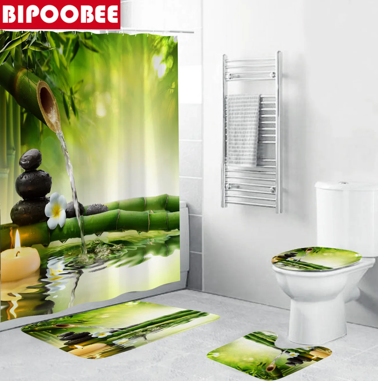 Черная занавеска для душа из дзен-камня бамбуковый лес озеро зеленое растение