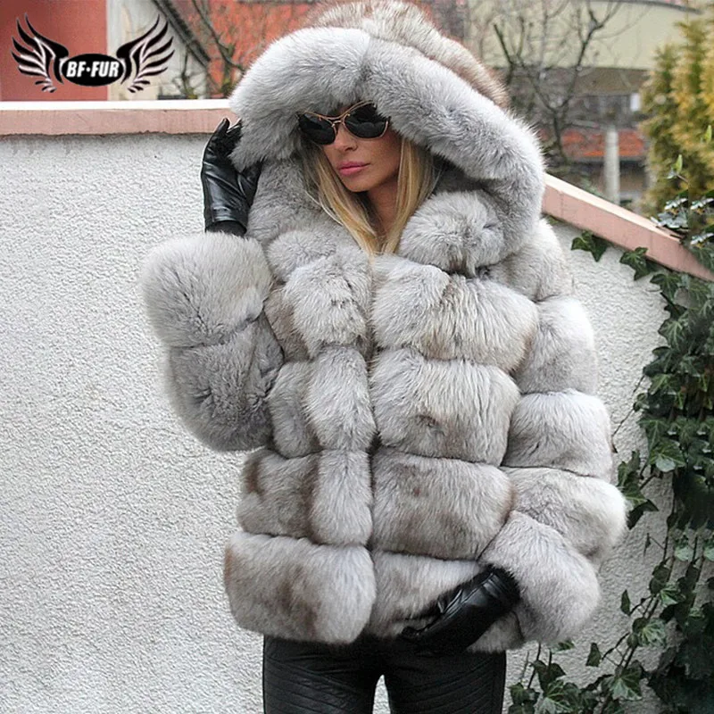 Fashion Natural Real Blue Fox Fur Jackets For Women Winter Wholeskin Thick Geunine Fox Fur Coat With Hood Woman Luxury Overcoat