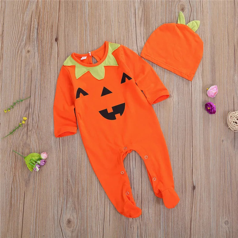 

Autumn Newborn Baby Boy Girls Long sleeve Jumpsuit Pumpkin Round Neck One Piece Long Pants+Hat 0-6M