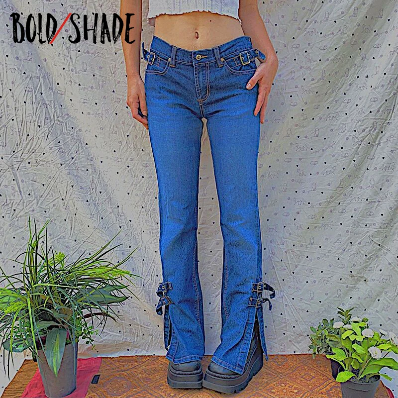 

Bold Shade Y2K Indie Skinny Denim Jeans Low Waist Split Side Solid Grunge 90s Style Trousers Streetwear Fashion Women Pants 2021
