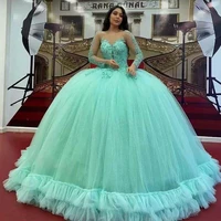 mint green lace quinceanera dresses with long sleeve ball gown sexy sheer neck princess corset party dress floor length gowns