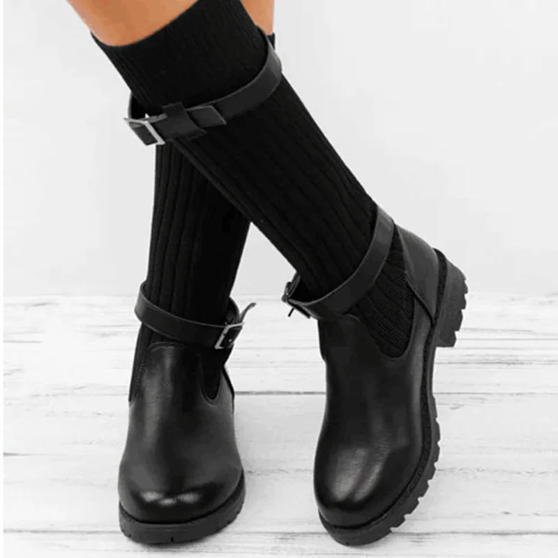 Fashion Novelty Mid Calf Boots for Women Round Toe Med Autumn Solid Buckle Winter Ladies Shoes | Обувь