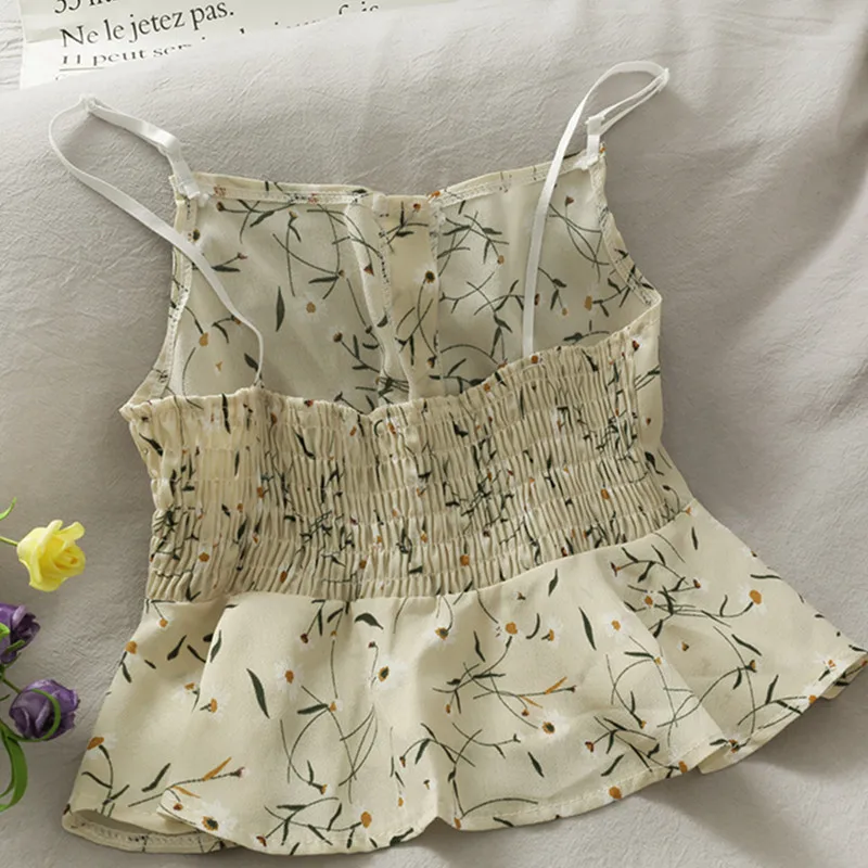 

KUSAHIKI Korean Printing 2Pieces Outfits Women Short Ruffle Buttons Sling Blouse + Bow Bandage Wide Leg Shorts Skirt Sets 6F386