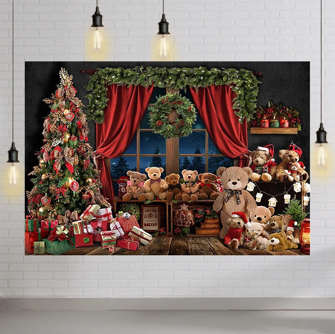 

Wood Floor Christmas Backdrop Bear Doll Toy Xmas Tree Wreath Photography Background Kid Child Portrait Photoshoot Props