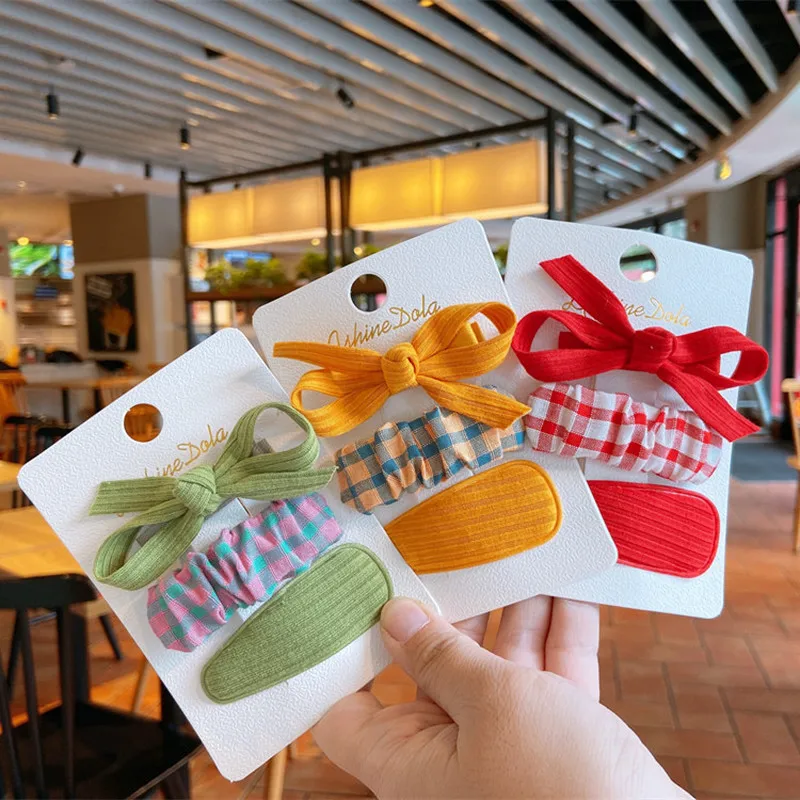 

3 Pcs New Children Fresh Simple Colorful Bow Duckbill Clip Fashion Korean Sweet Girl Plaid Fabric BB Clip Hair Accessories