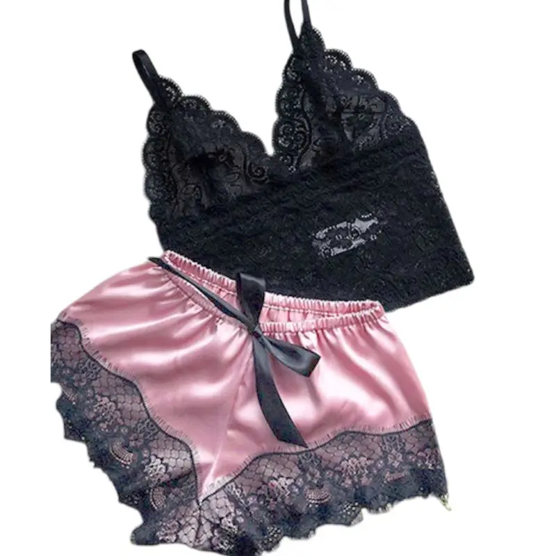 

Womens Sexy Eyelash Floral Lace Lingerie Set V-Neck Crop Top Bowknot Faux Silk Wide Leg Shorts Contrast Color Pajamas Sleepwear