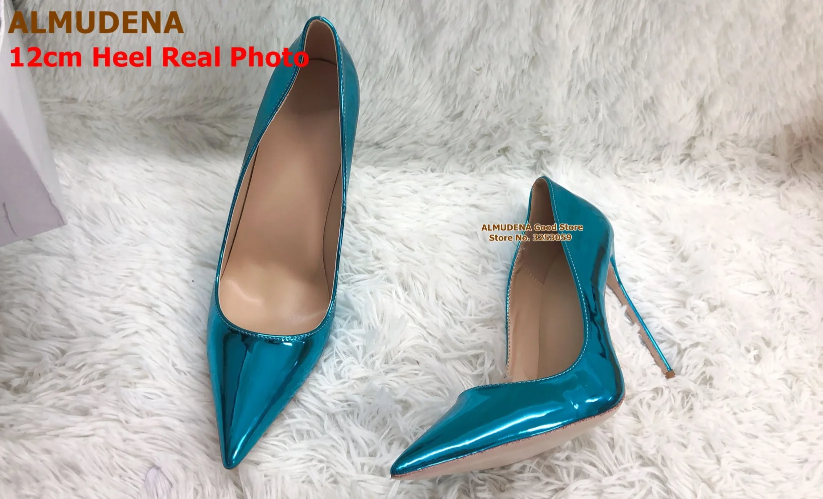 ALMUDENA Blue-green Mirrow Leather Pointed Toe Shoes 12cm Thin High Heels Pointed Toe Shallow Dress Pumps Luxury Bride Footwear
