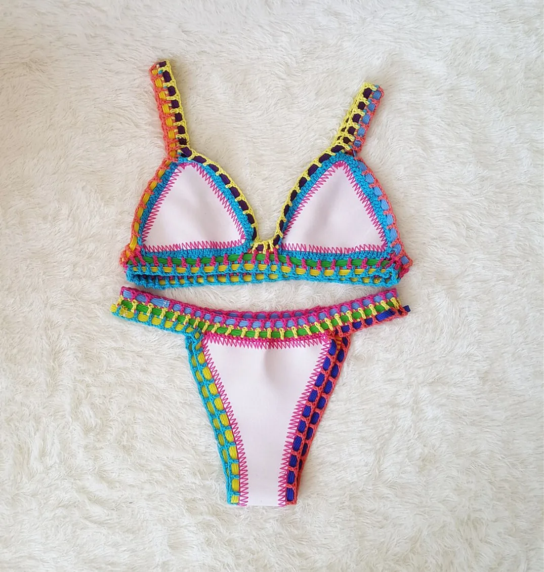

Two sides wear sexy handmade hook edge color bikini suit color matching neoprene women's Beach swimsuit