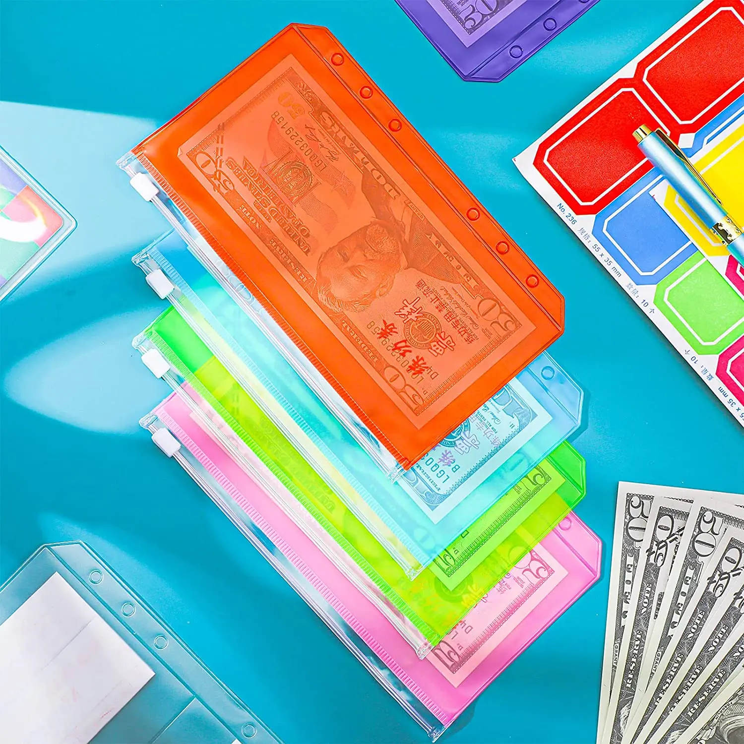 

18 Pcs/Set A6 Size 6 Holes Binder Colorful Notebook Budget Zipper Pockets Waterproof PVC Cash Envelopes Bill Bag Card Sleeves