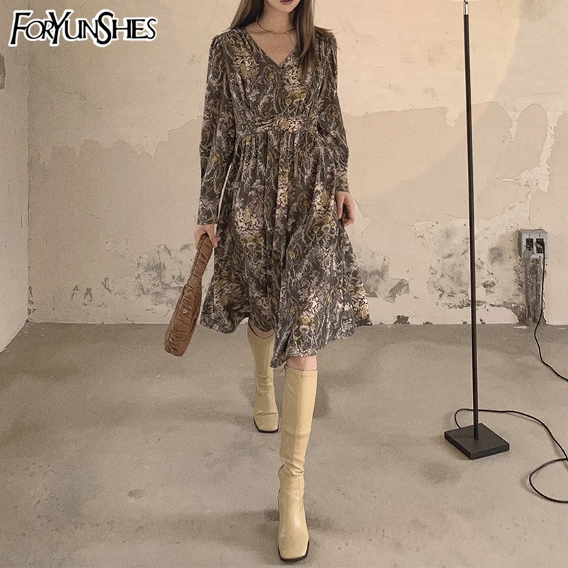 

FORYUNSHES Dresses For Women Party Fashion Vintage Print Sexy V-neck Backless Elegant Long Sleeve Dress Floral Vestido De Mujer