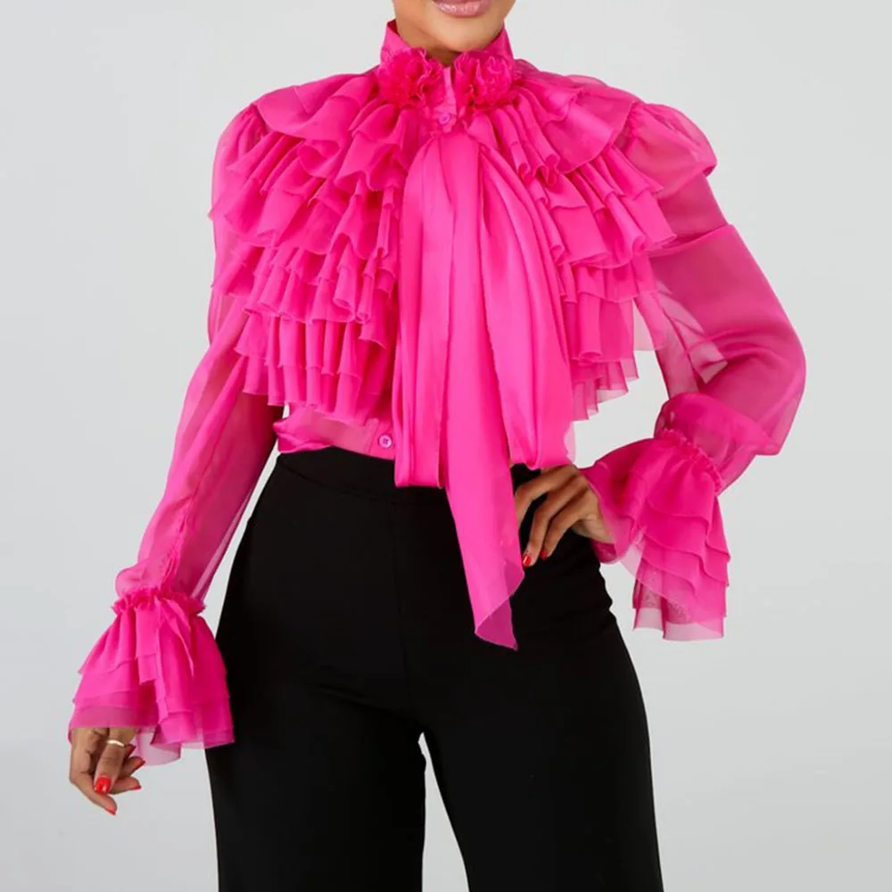 

Plus Size Pleated Long Ribbon Chiffon Blouse Buttoned Long Sleeve African Fashion Office Ruffle Shirt 5XL Female Summer Autumn