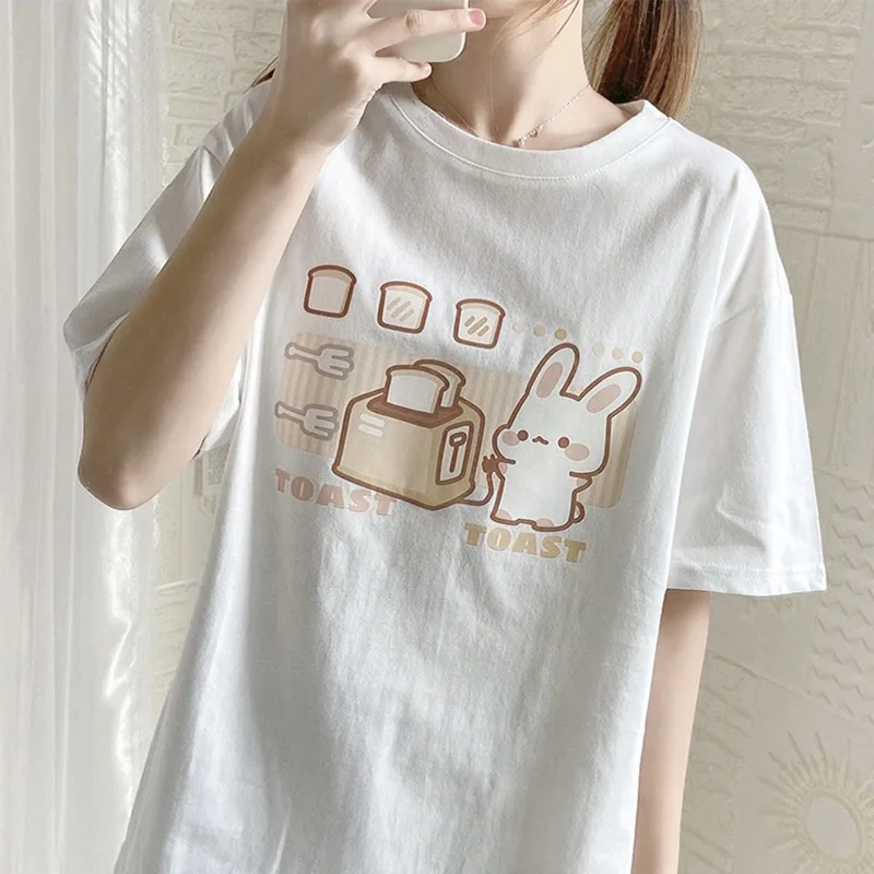 Cotton Short Sleeve T Shirt for Women Cute Bunny and Bread Slices Graphic Tees Kawaii Summer Tops Loose Streetwear Female