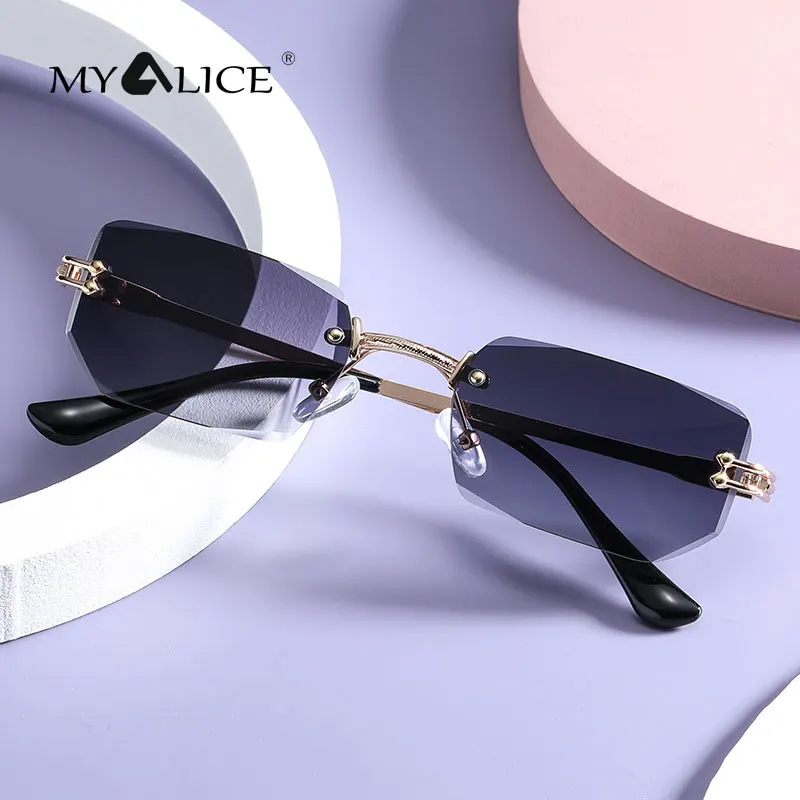 

MYALICE Fashion Women Men Rimless Rectangle Frame Sunglasses Diamond cut Multicolor Grace Personality Brand Designer UV400