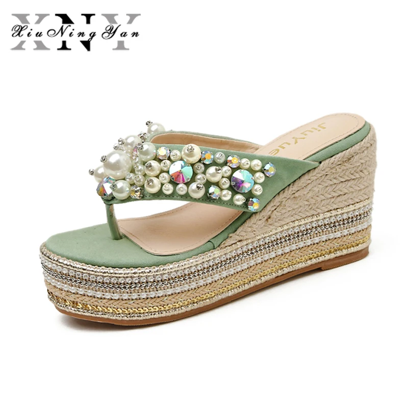 

Women Wedges Sandals Crystal 2021 Summer Rhinestone Trifle Wedge High Heels Platform Women Sandals Slippers Ladies Sandals Pumps