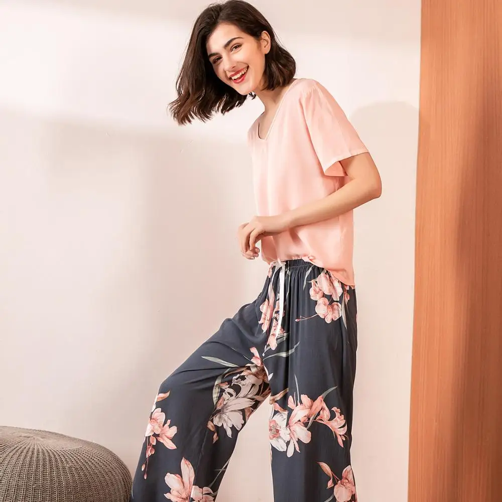

Short Sleeve Printed Breathable Pyjama Mujer Femme Solid Loose Nightwear Suit Pijama Female Casual Homewear Pajama Set For Women