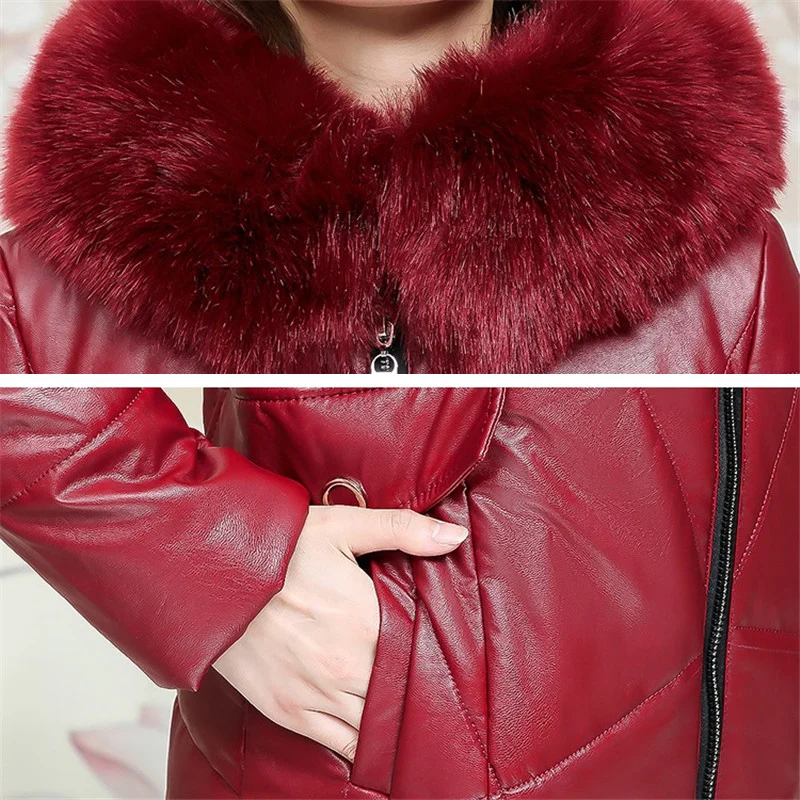 

Parkas Winter Women Coat Leather Jacket Plus Size 7XL Fur Collar Hooded Thick Warm Down Cotton Jacket Chaqueta Mujer Invierno