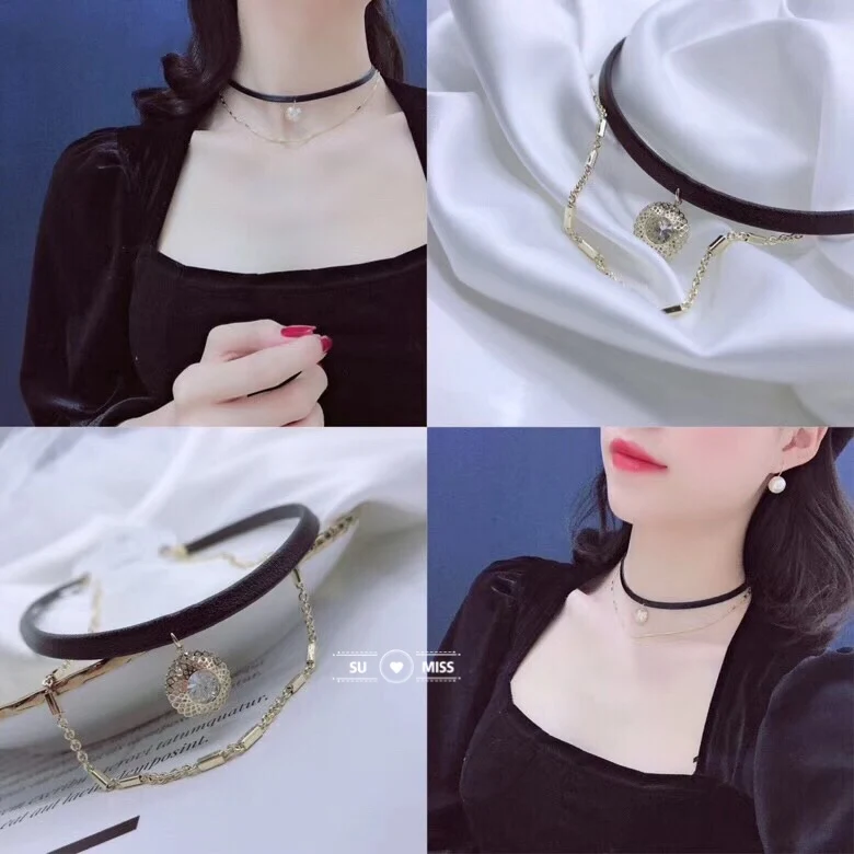 Ожерелье-чокер женское с круглым кулоном из черной кожи | Украшения и аксессуары