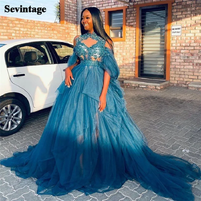 

Sevintage High Neck Organza Prom Dresses Off the Shoulder Lace Evening Gowns Appliques Plus Size Dress for Wedding Party 2021