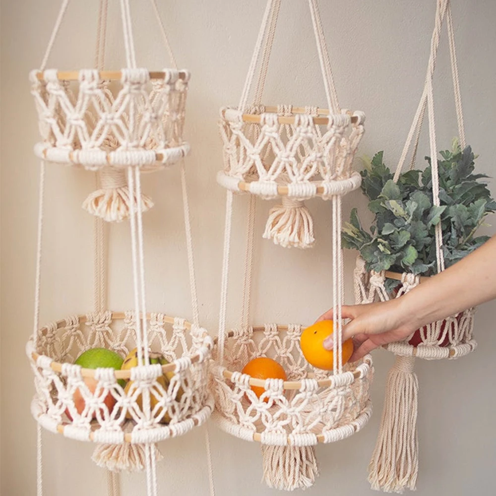 Multi Tier Hanging Basket Macrame Fruit Storage Container Organizer Cotton Rope Hanging Plant Pot for Home Kitchen Garden Decor
