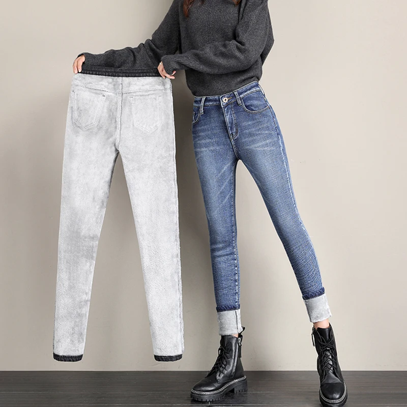 

Basic Women Jeans Pencil Velvet Pants Winter Female Streetwear Vintage Blue High Waist Femme Long Denim Trousers