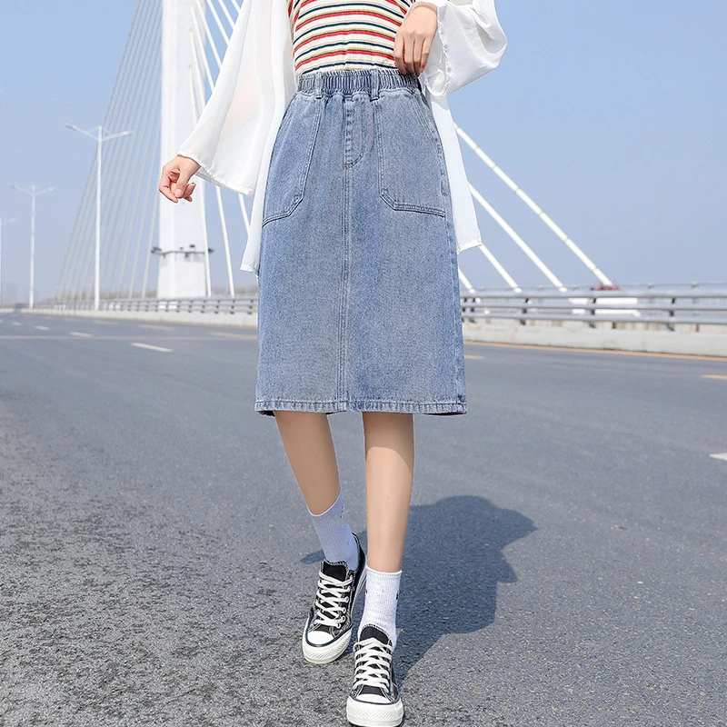 

Split A-line Denim Skirt High Waist Denim Mid-length Skirt Loose PLUS Size Women's Clothing 2021 New Jean Skirts BSQ297