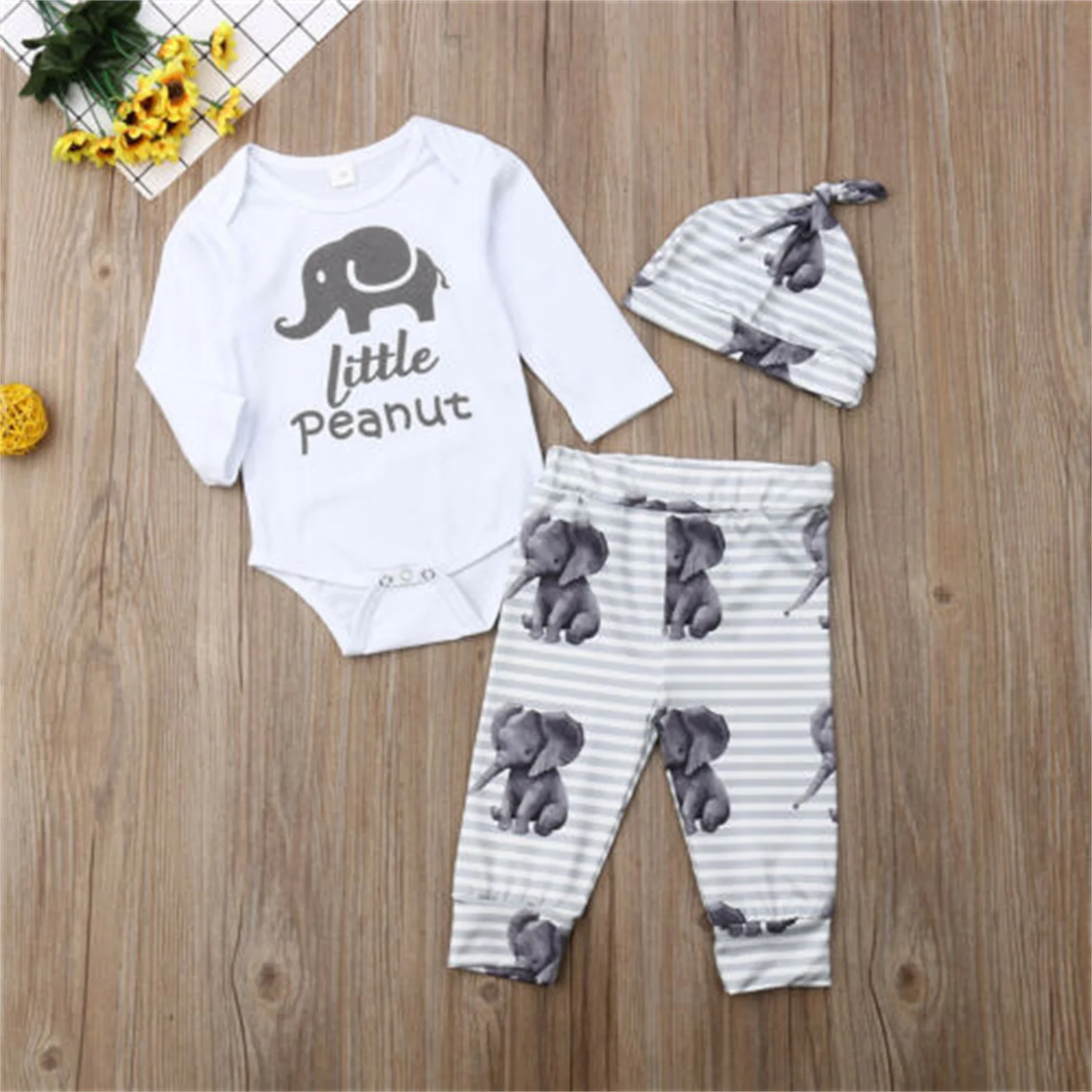 

Autumn Baby Boys Girls Fall Outfits Infants Cute Long Sleeve Elephant Letter Print Romper + Striped Pants + Hat 3Pcs Set 0-24M