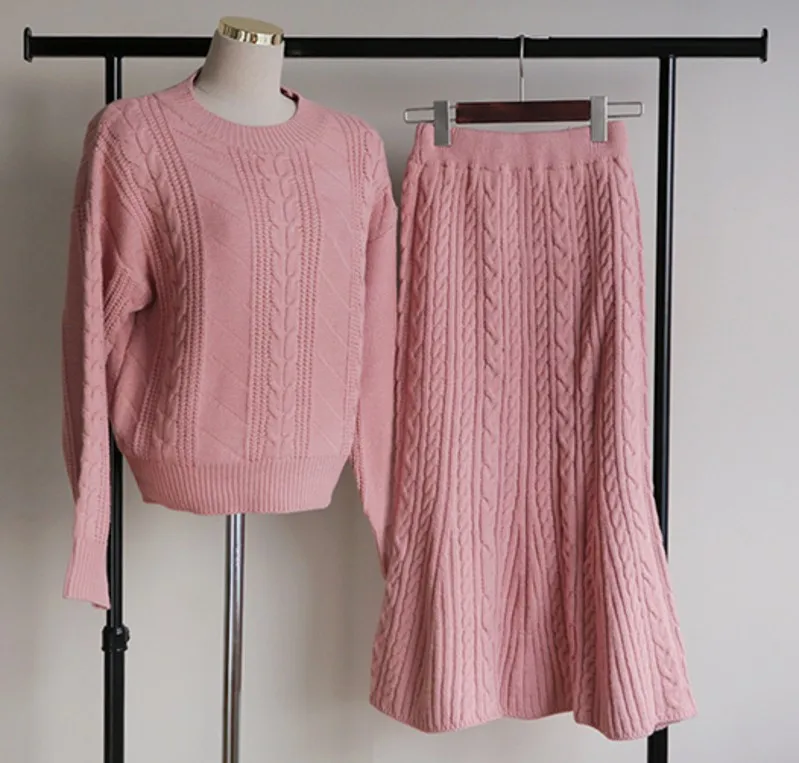 

autumn winter Two Piece Set Women Long Sleeve sweater Tops+Knitted Skirt Sets