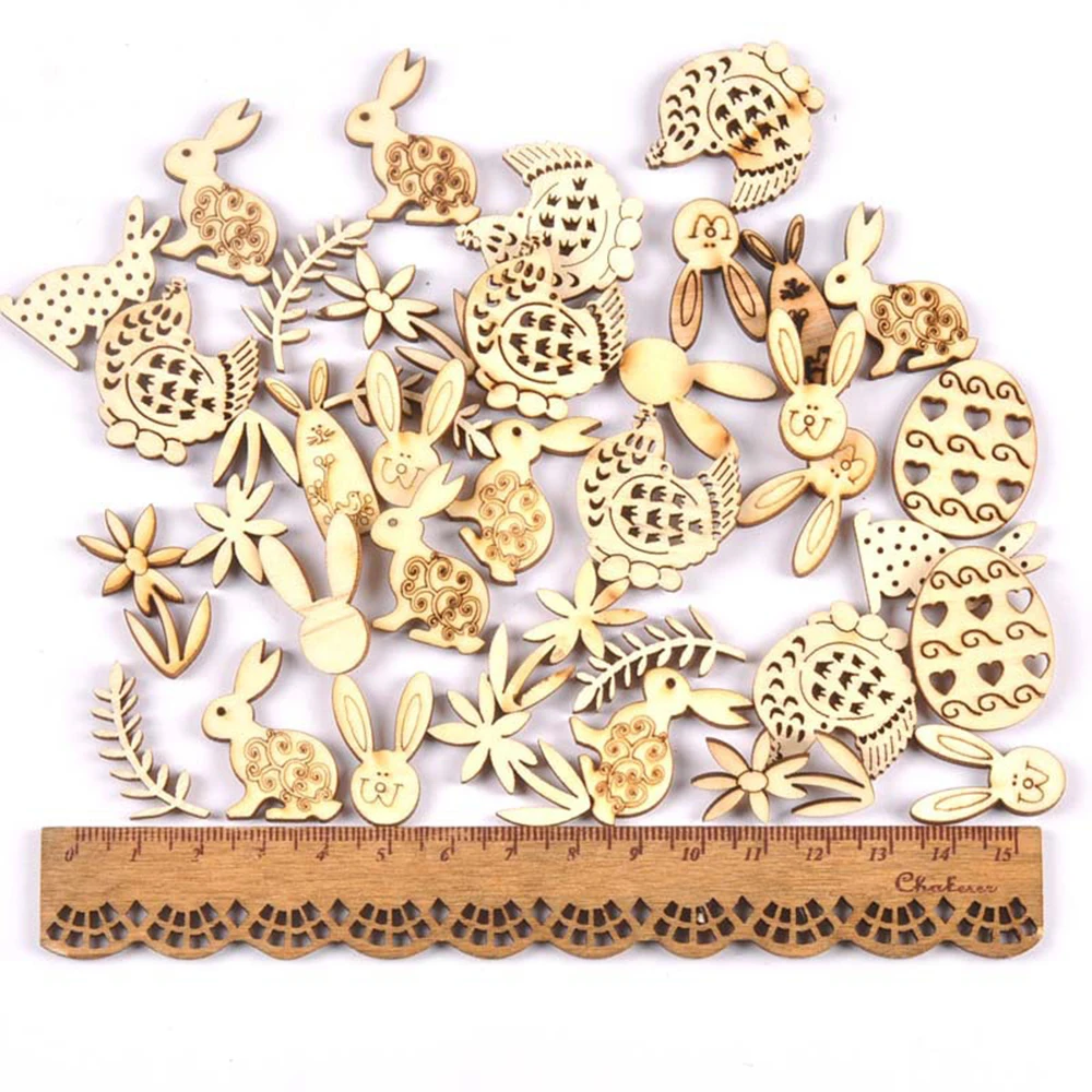 

200pcs Easter Wooden Eggs Wood Hanging Pendant Easter Party Decor Supplies Craft DIY Rabbit Hen Ornament Hanging Tag