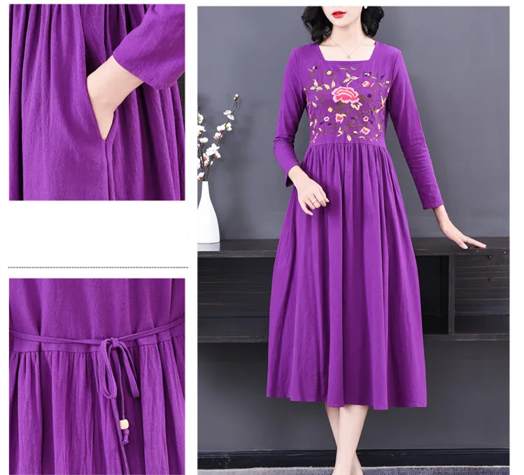 

Mid-Age Women Mother Cotton Linen Embroideried Party Birthday Robe Dress