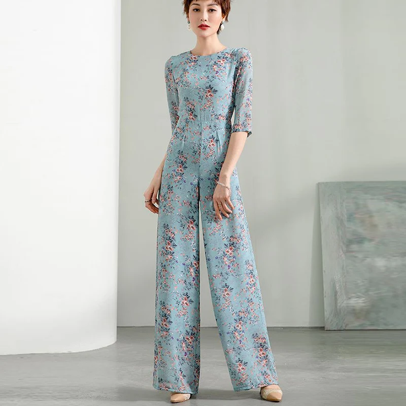 2022 New Summer Party Jumpsuit for Women High Street Chiffon Print Elegant Half Sleeve O-Neck Wide Leg Rompers Overalls 3XL 4XL