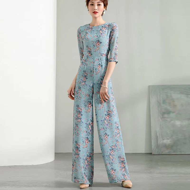 

2020 Summer Party Jumpsuit for Women High Street Chiffon Print Elegant Half Sleeve O-Neck Wide Leg Rompers Plus Size 3XL 4XL