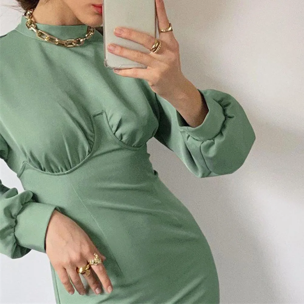 

Bellaza Women Sexy Skinny Bodycon Dress Lantern Sleeve Mid-Calf Solid Green Ladies Office Party Dresses Elegant Pleated Robes