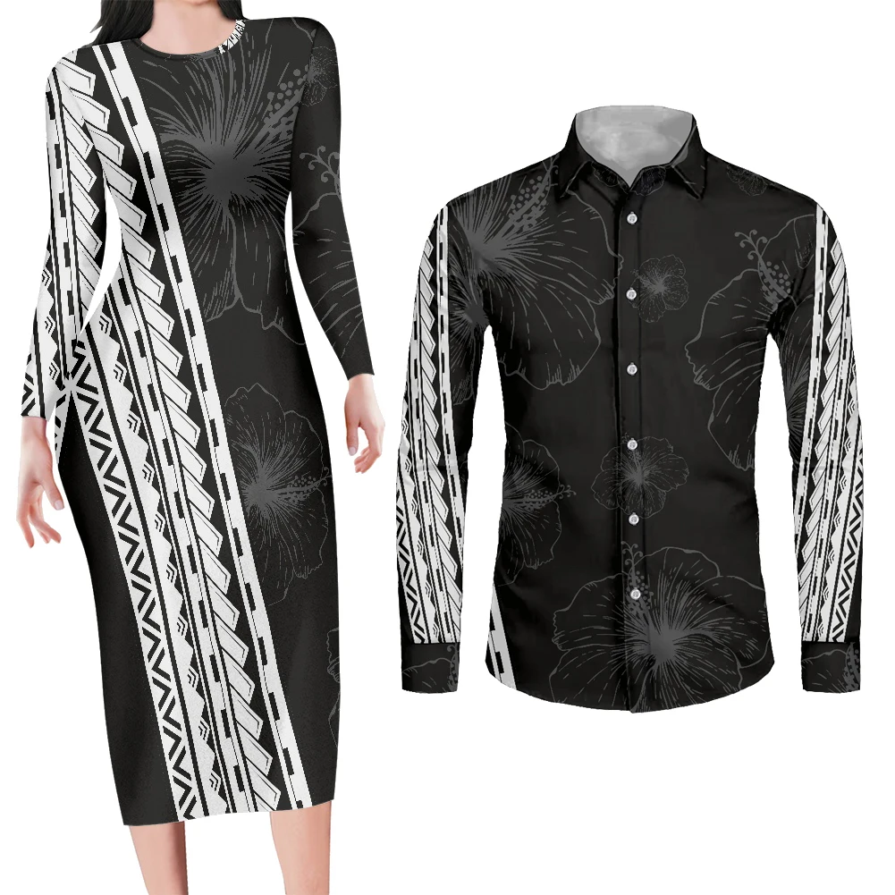 HYCOOL Samoan Long Sleeve Evening Maxi Dress Black Church Dress For Women Tattoo Print Polynesian 2pcs Paired Clothes For Couple