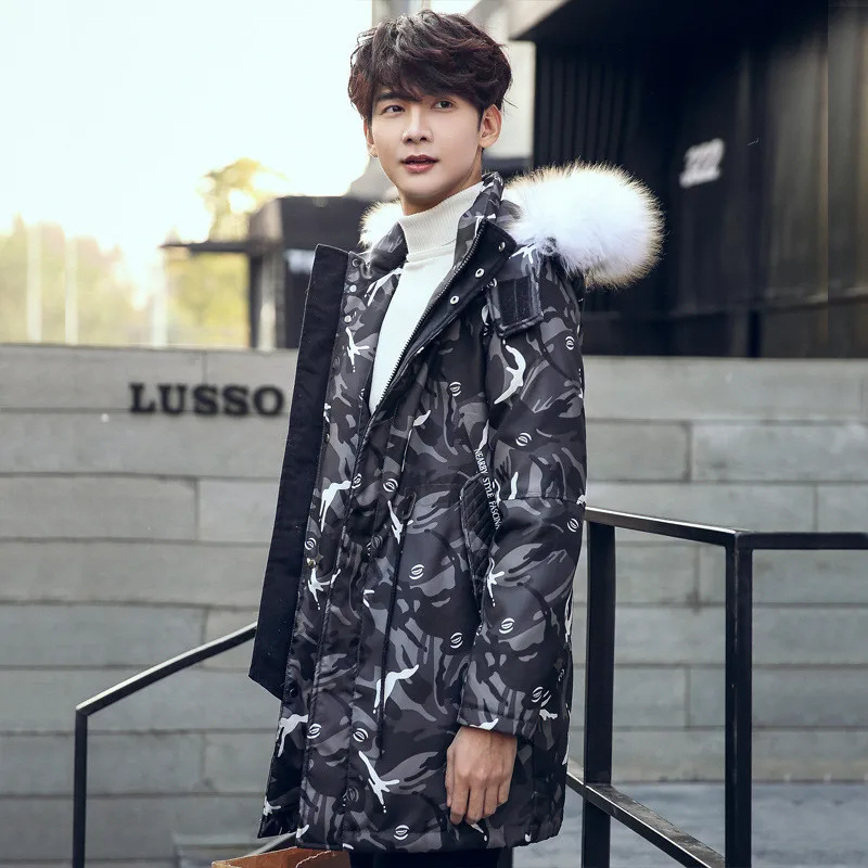 Модная теплая мужская куртка на белом утином пуху мужские парки с воротником из