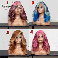preferred pink highlight wig human hair with baby hair blue orange ombre wig pre plucked side parting lace front wig for women
