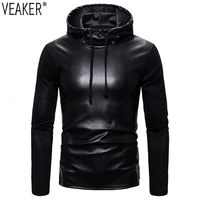 2021 new mens pu hoodies sweatshirts male slim fit faux leather hoodies coat black tops hooded pullovers s 2xl