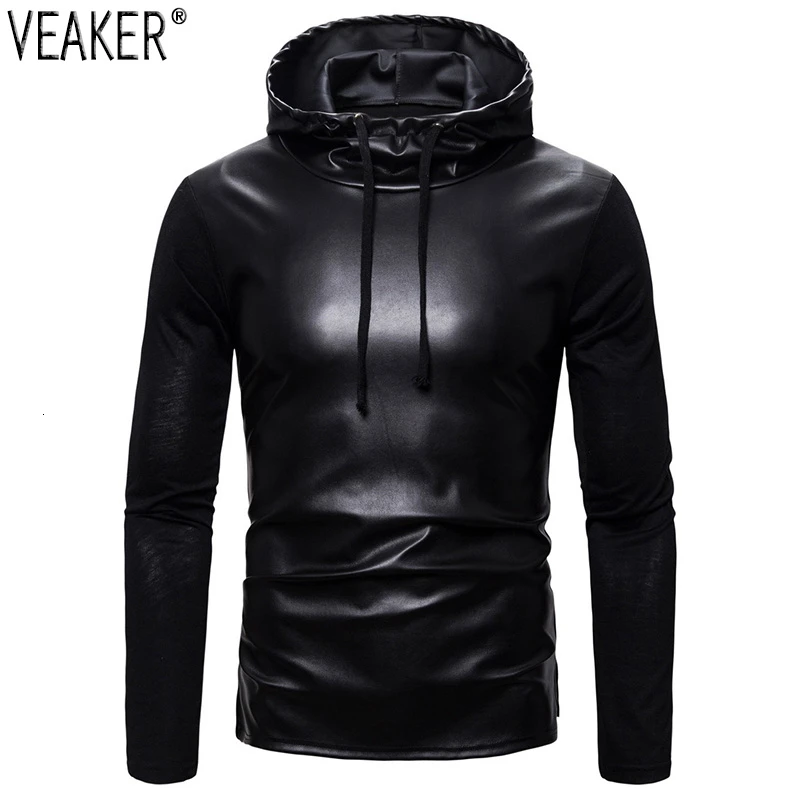 2021 Новый Для мужчин's толстовка с капюшоном PU кофты Мужской Slim Fit Искусственная