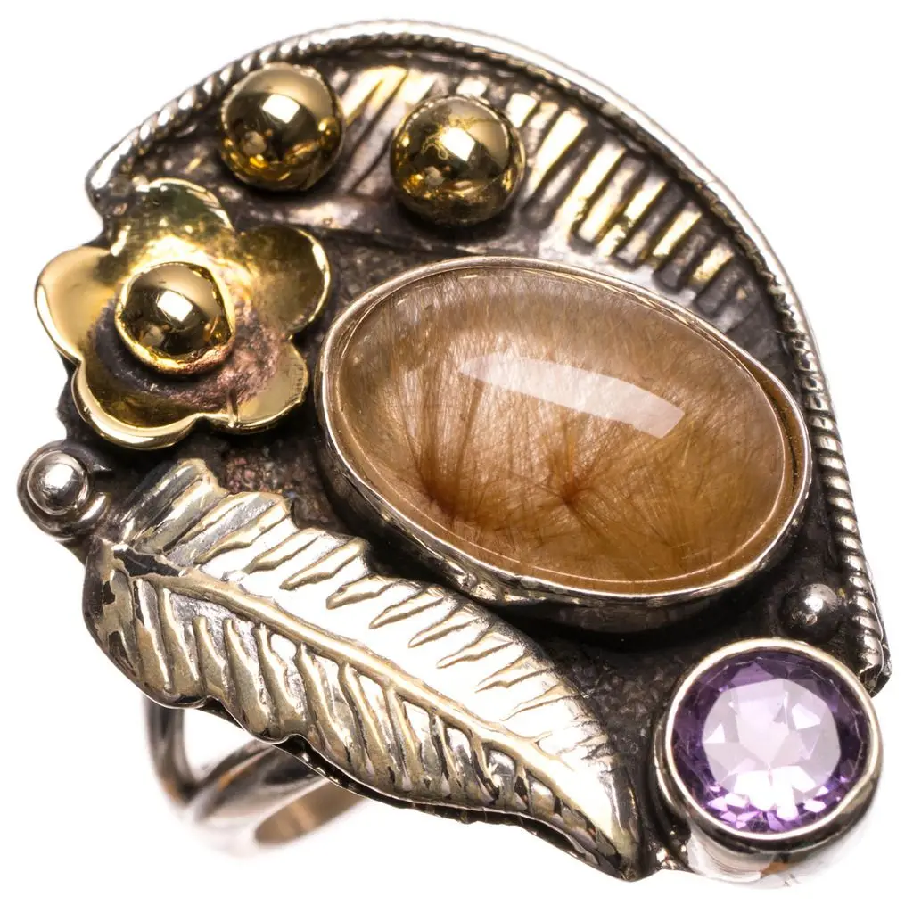Натуральный Золотой рутиловый кварц и Аметист мексиканское 925 пробы Серебряное кольцо, размер США 6,5 S2221