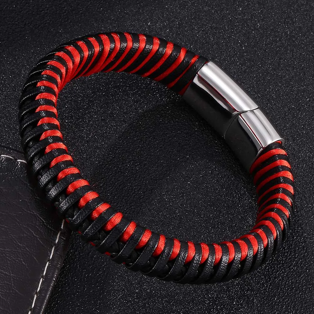 Новый красный веревка смешанный черный кожаный плетеный браслет мужские