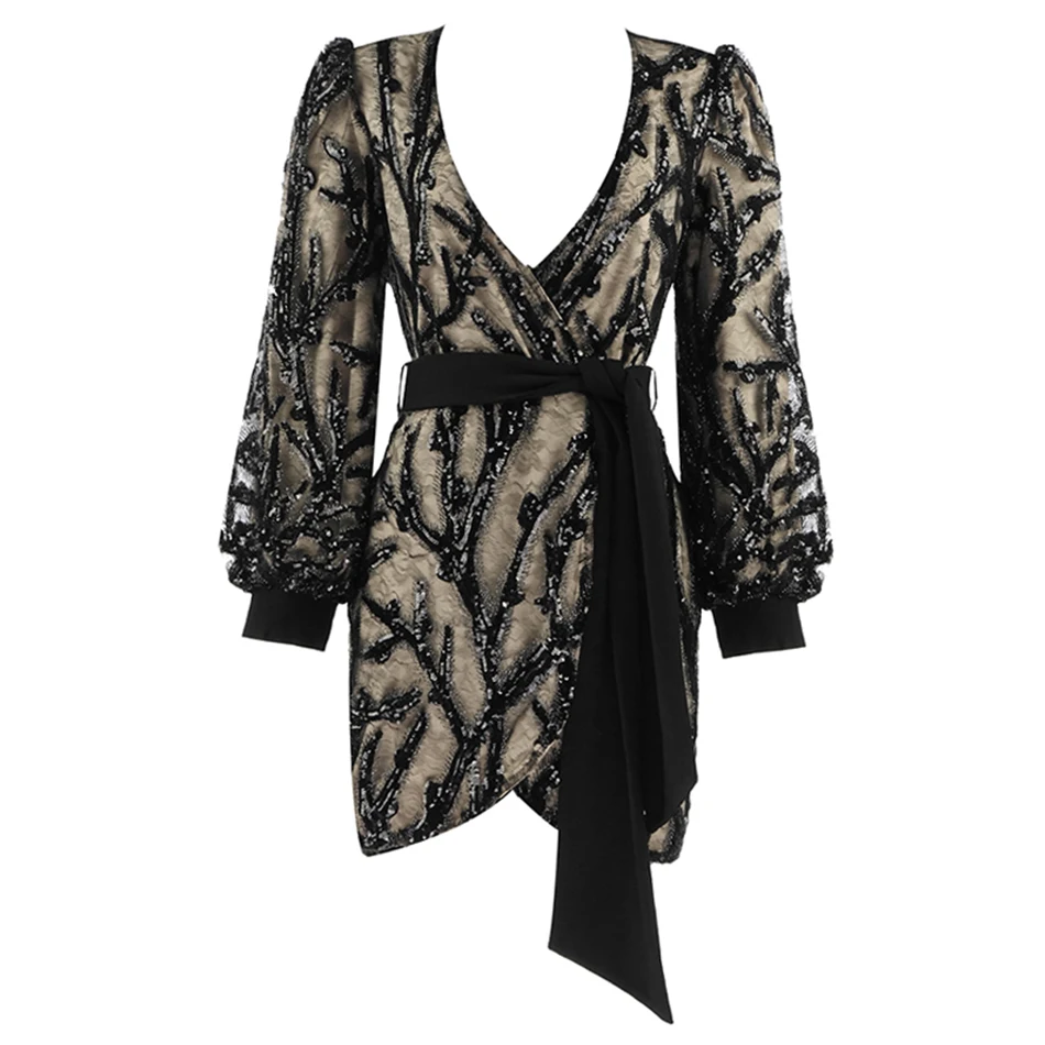 

Ailigou 2021 New Women's Elegant Dress Sexy V-Neck Long Lantern Sleeve Sequin Dress Celebrity Party Mini Vestidos